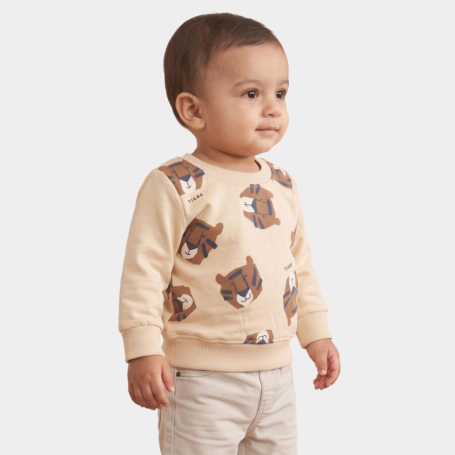 Infants' Beige Round Neck Printed Sweatshirt, Beige, large