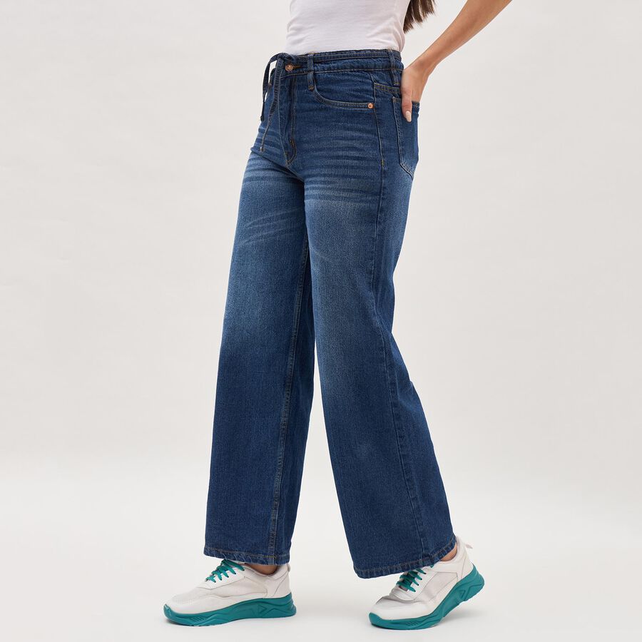 Women's Deep Indigo Wide-Leg High-Rise Jeans, मध्यम नीला, large image number null