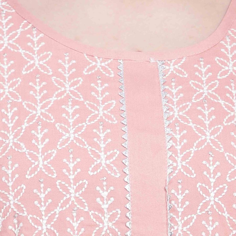 Embroidered 3/4th Sleeve Kurta, हल्का गुलाबी, large image number null