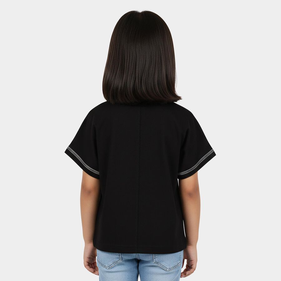 Girls Black Cotton Round Neck Casual T-Shirt, Black, large