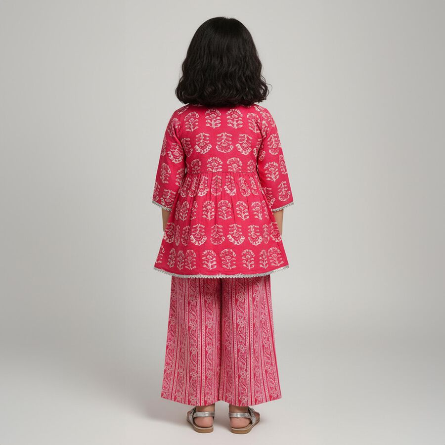 Girls Bright Pink Printed Round Neck Bohemian Kurta and Palazzo Fusion Set, रानी (फ्यूशिया), large image number null