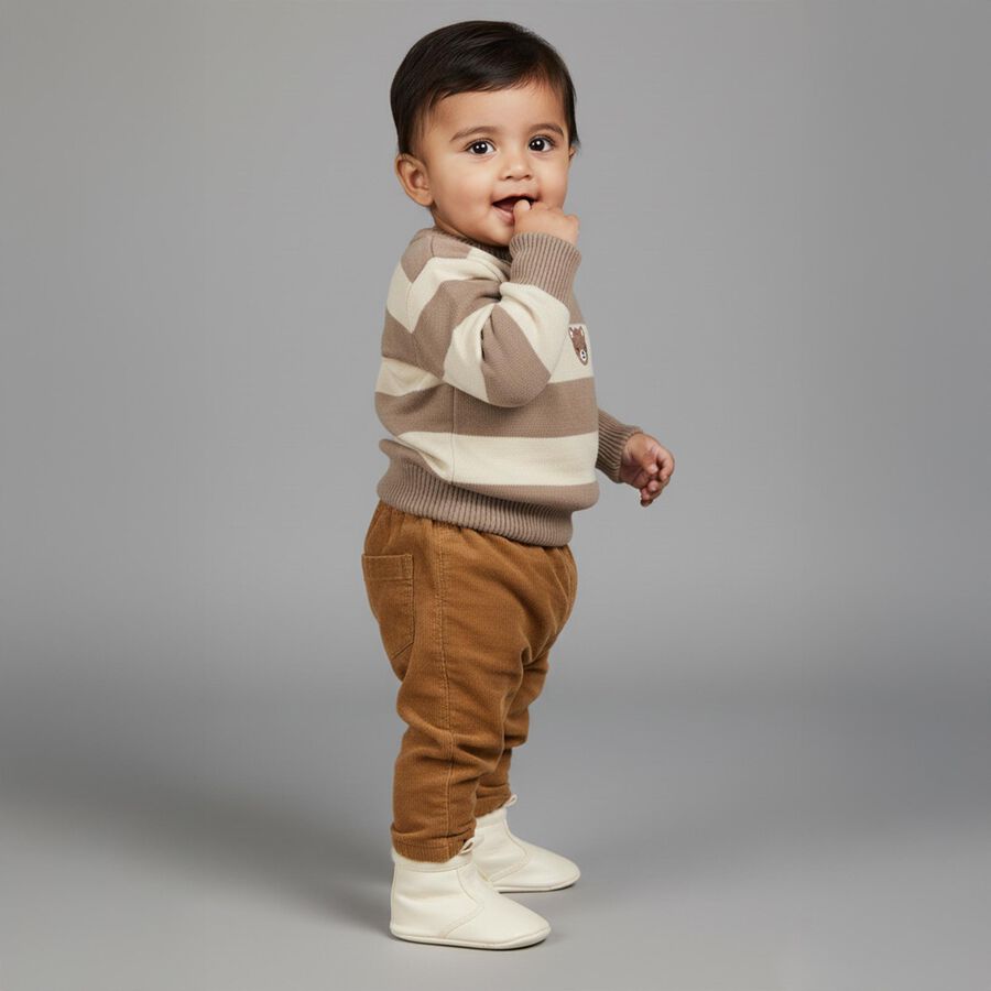 Infants Beige and Cream Crew Neck Striped Pullover, गहरा पीला, large image number null