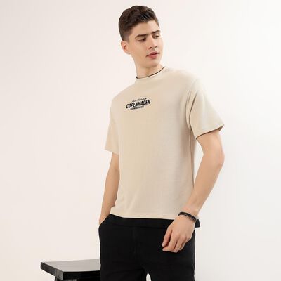 Men's Beige Round Neck Graphic Print T-Shirt