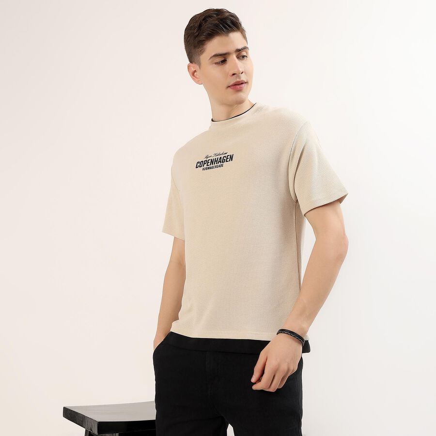 Men's Beige Round Neck Graphic Print T-Shirt, Beige, large
