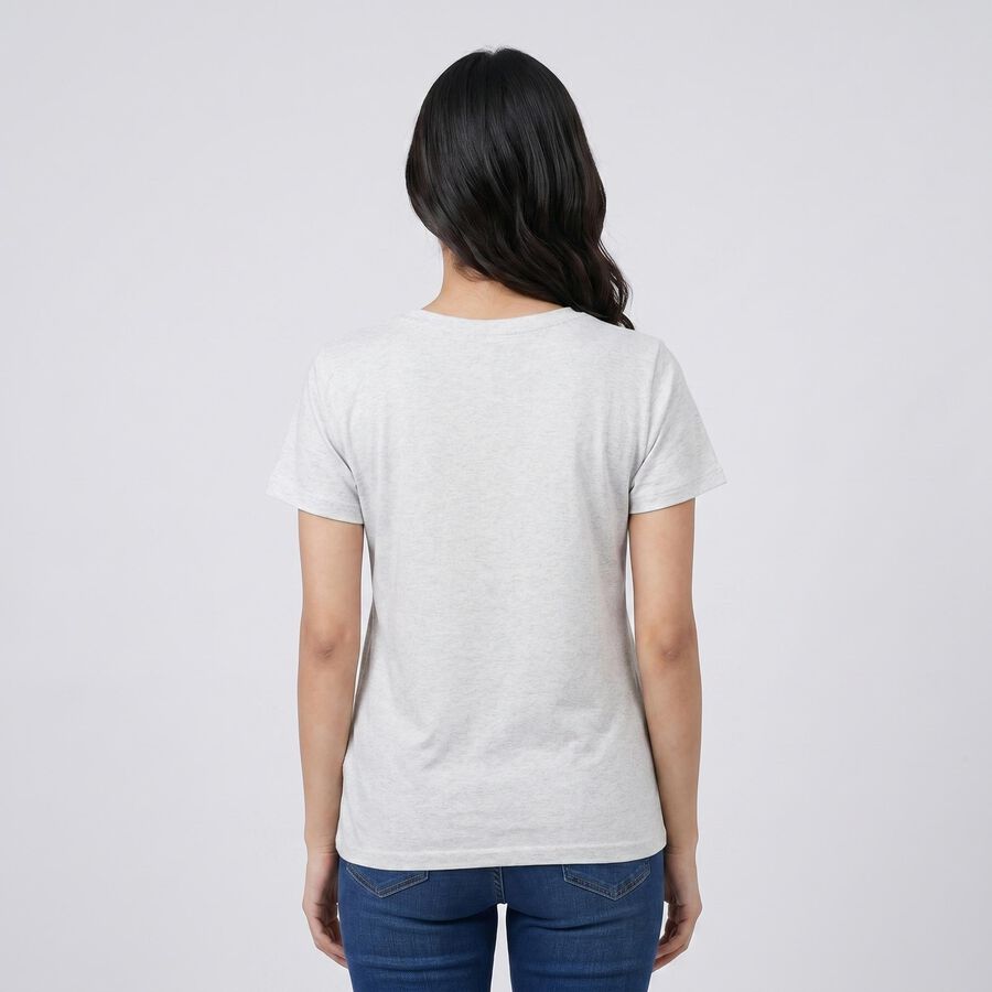 Women Grey Round Neck Regular T-Shirt, Ecru Melange, large
