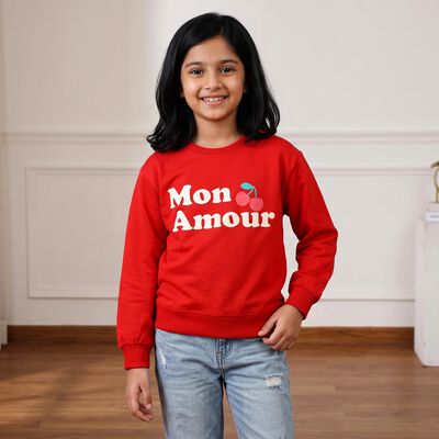 Girls' Red Crew Neck Pullover Sweatshirt