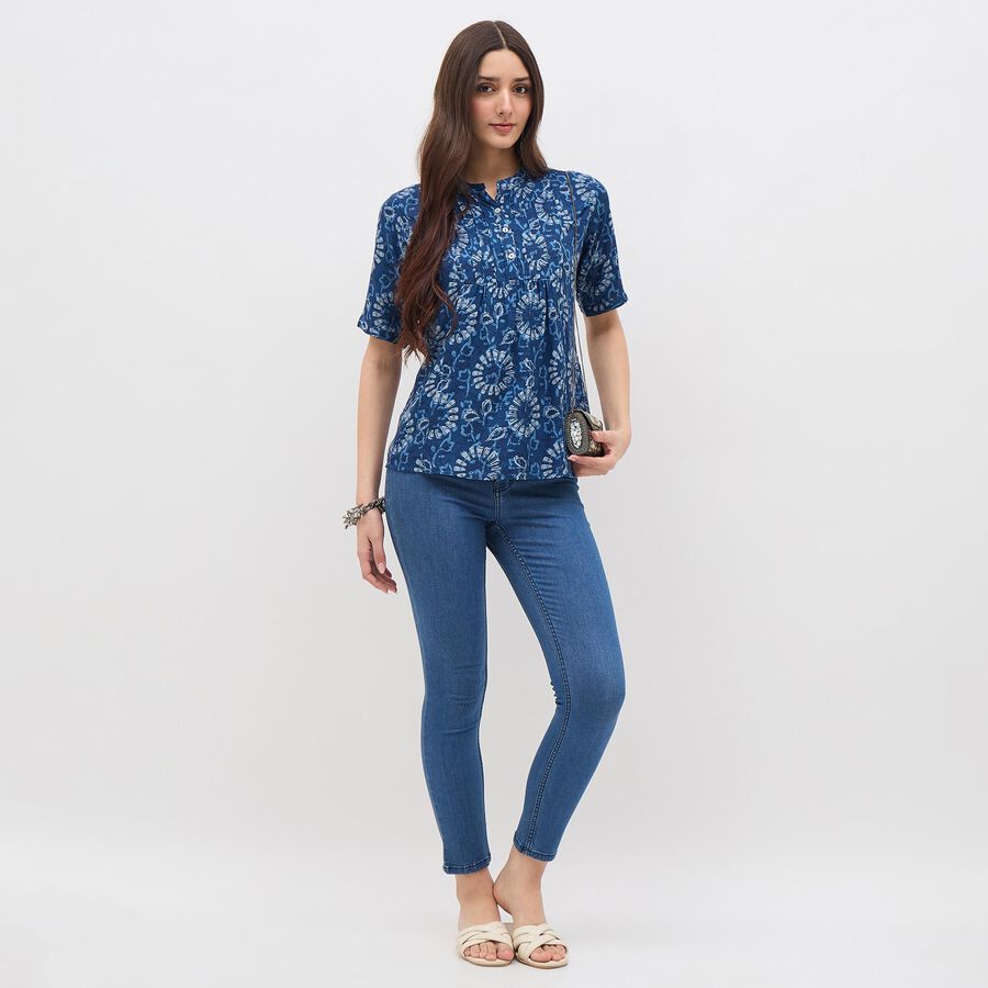 Women's Dark Denim Blue Mandarin Collar Floral Printed Kurti, गहरा नीला, large image number null