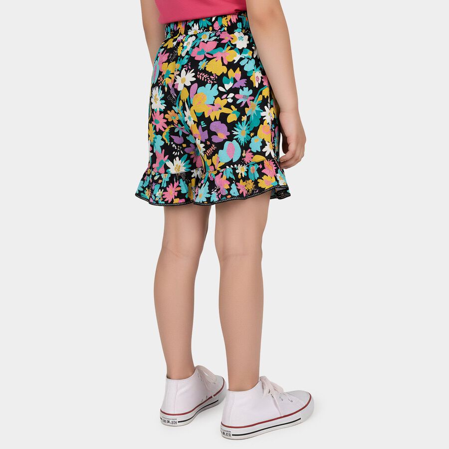 Girls' Black Regular Fit Floral Printed Shorts, काला, large
