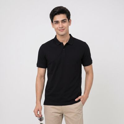 Men's Black Cotton Polo Neck Solid T-Shirt