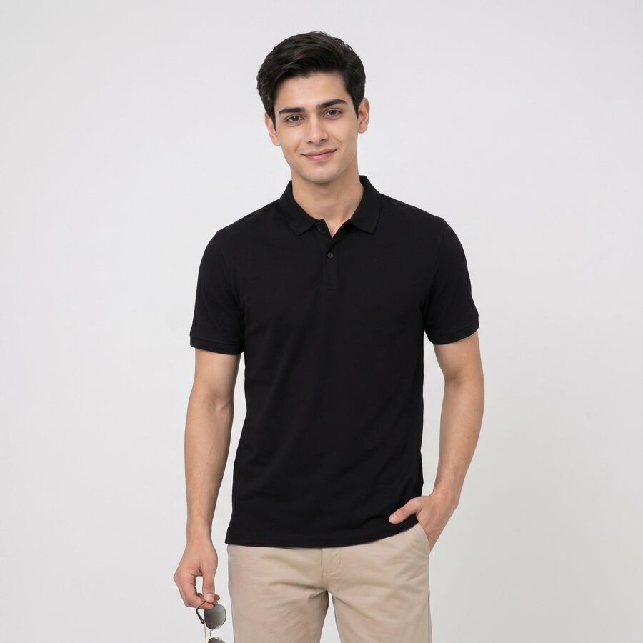 Men's Black Cotton Polo Neck Solid T-Shirt, Black, large