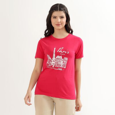 Women's Vibrant Red Round Neck Printed T-Shirt
