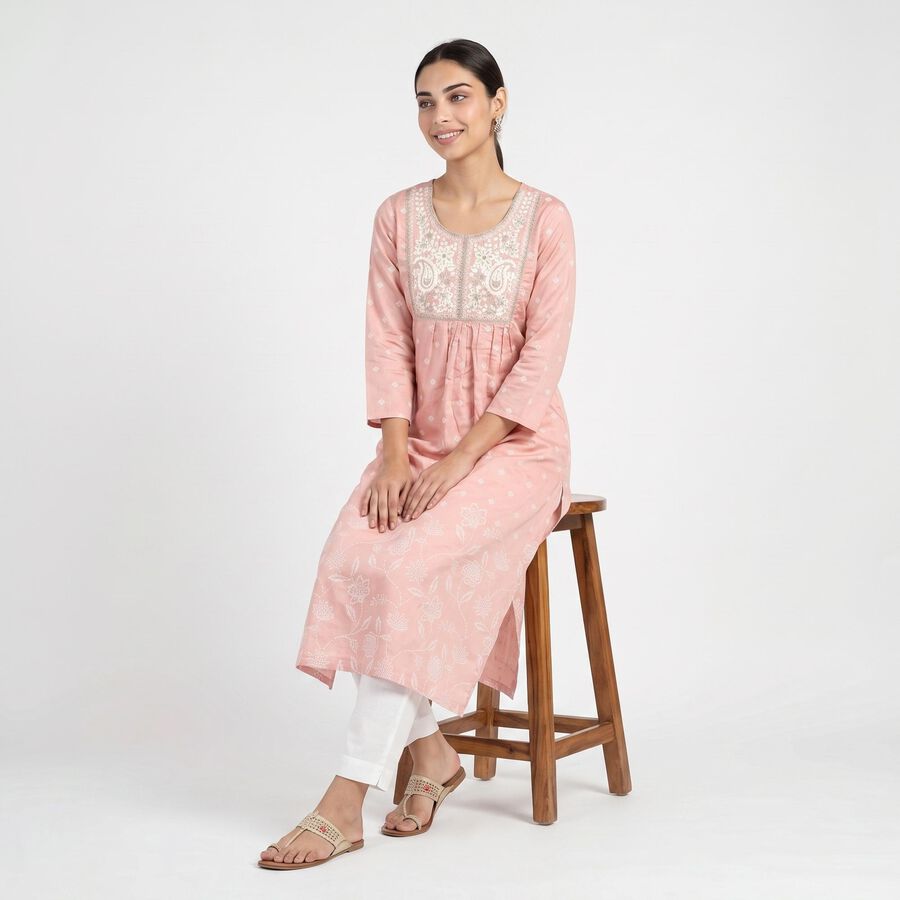 Women's Pink Round Neck Embroidered Kurta, Light Pink, large