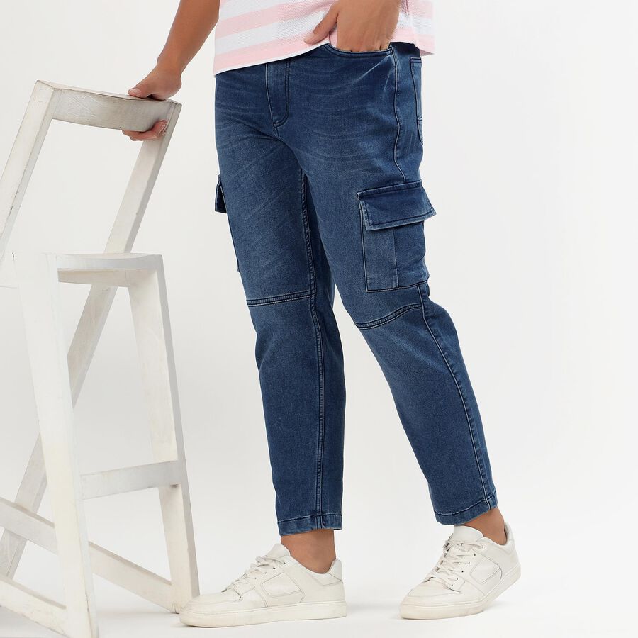 Men's Deep Blue Relaxed Fit Cargo Jeans, मध्यम नीला, large image number null
