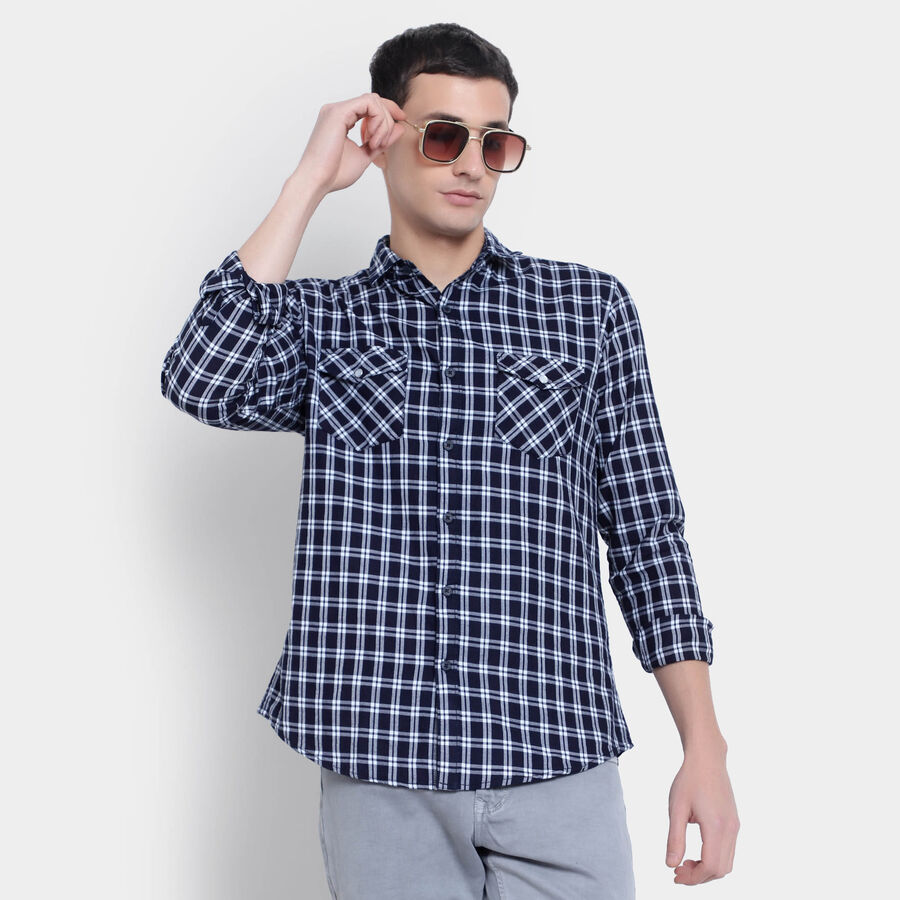 Cotton Checks Casual Shirt, Dark Blue, large image number null
