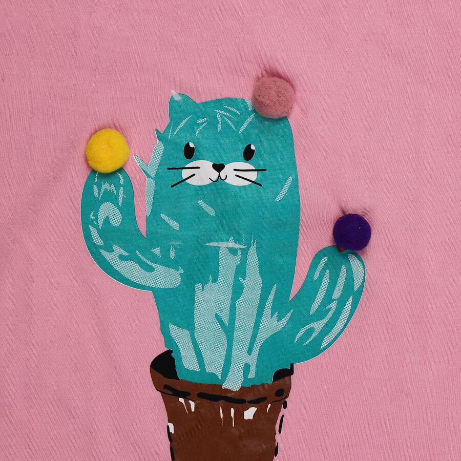 Girls' Pink Cotton Round Neck Graphic Printed T-Shirt, गुलाबी, large