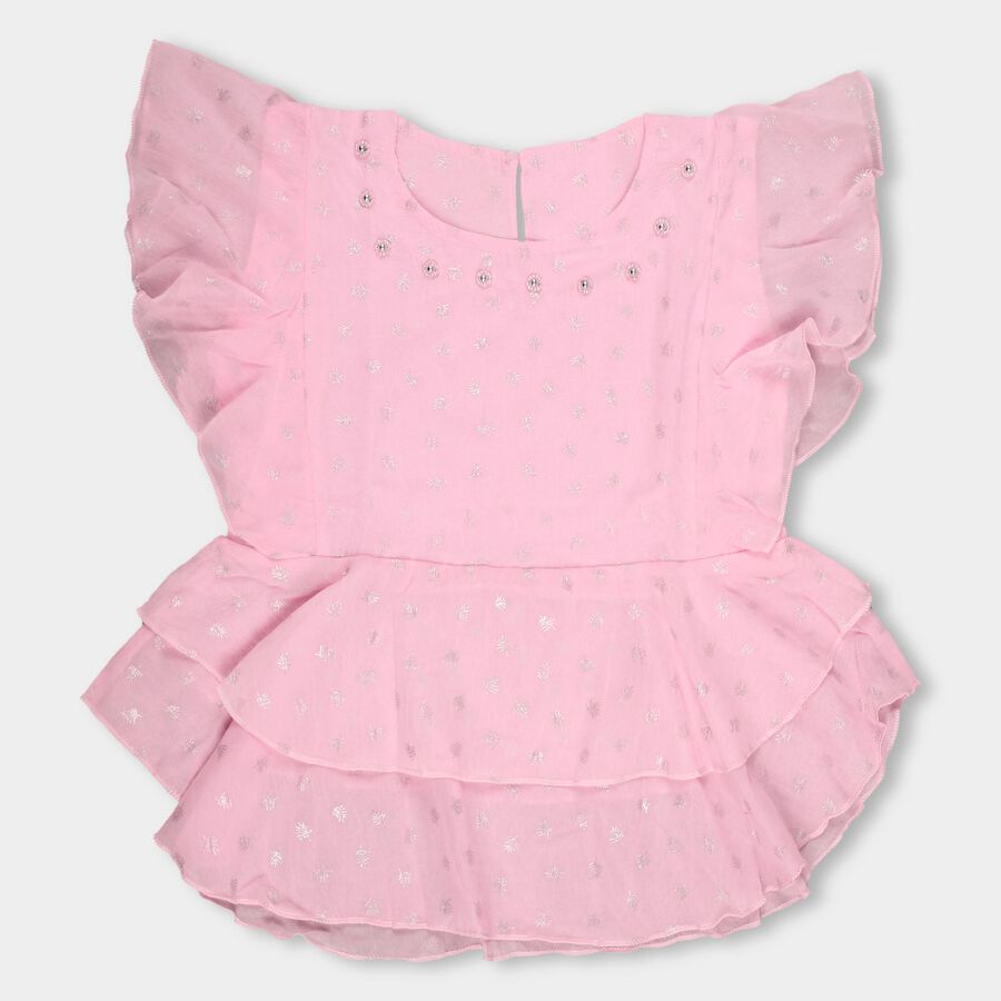 Girls' Pink Round Neck Romantic Embellished T-Shirt, Pink, large image number null