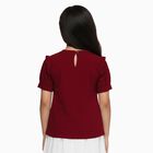 Girls' Maroon Round Neck Ruffle Sleeve T-Shirt, वाइन, small