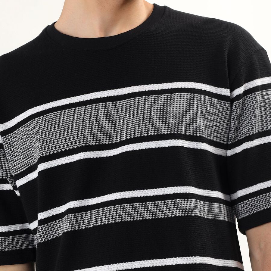 Men's Black Round Neck Casual Striped T-Shirt, Black, large