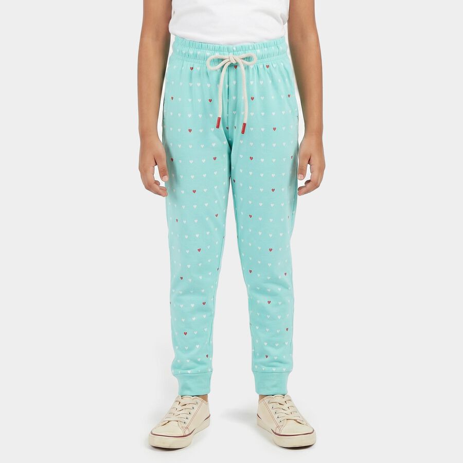Girls' Aqua Jogger Heart Printed Cotton Blend Pyjama, Aqua, large