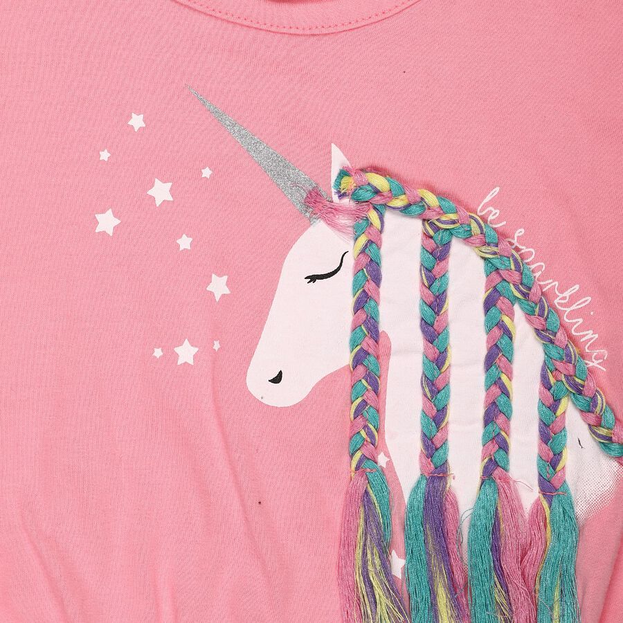 Girls' Pink Cotton Crew Neck Casual Unicorn Printed T-Shirt, Light Pink, large
