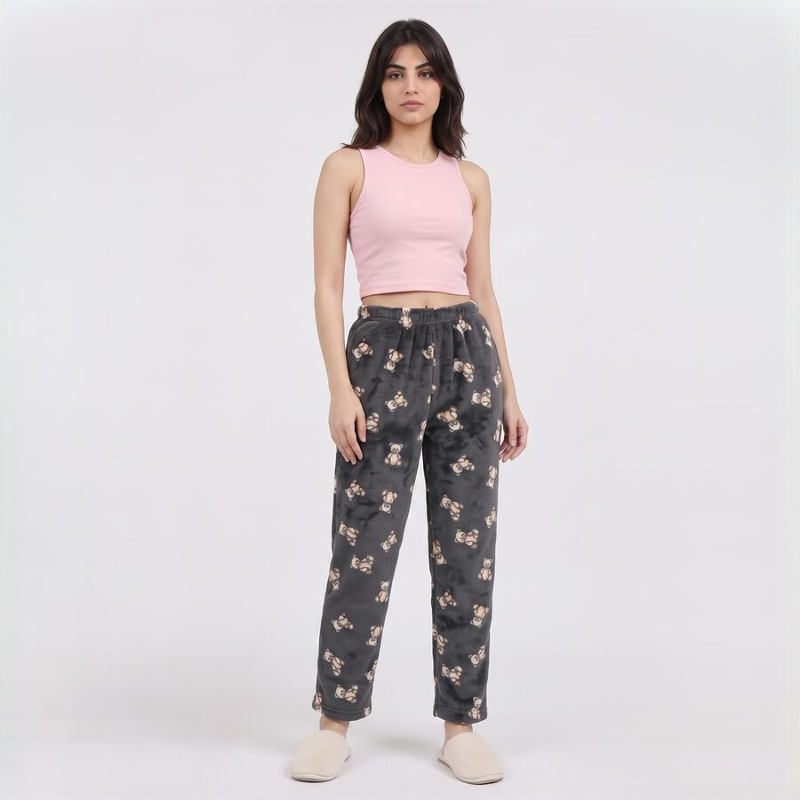Women's Dark Grey Straight Fit Teddy Printed Lounge Pyjama, गहरा ग्रे, large