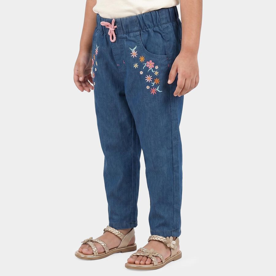 Girls Blue Straight Fit Embroidered Jeans, Mid Blue, large