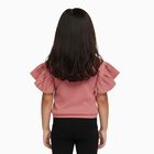 Girls' Dusty Rose Pink Round Neck Ruffle Sleeve Embroidered T-Shirt, गुलाबी, small