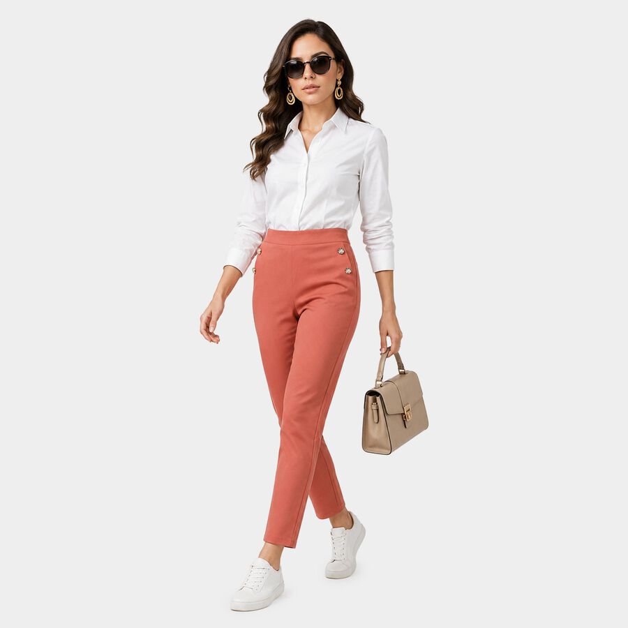 Women's Pink Straight Fit Button Detail Trousers, गुलाबी, large