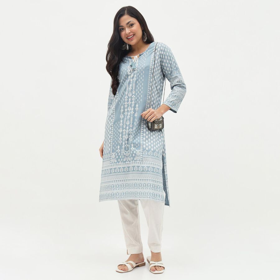 Women's Light Dusty Blue Tie-Up Neck Floral Printed Kurta, Light Grey, large