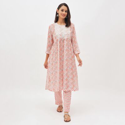 Women's Light Peach Pink Embroidered Ethnic Set