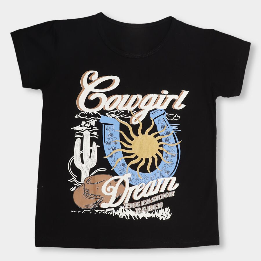 Girls' Jet Black Crew Neck Short Sleeve T-Shirt, Black, large image number null