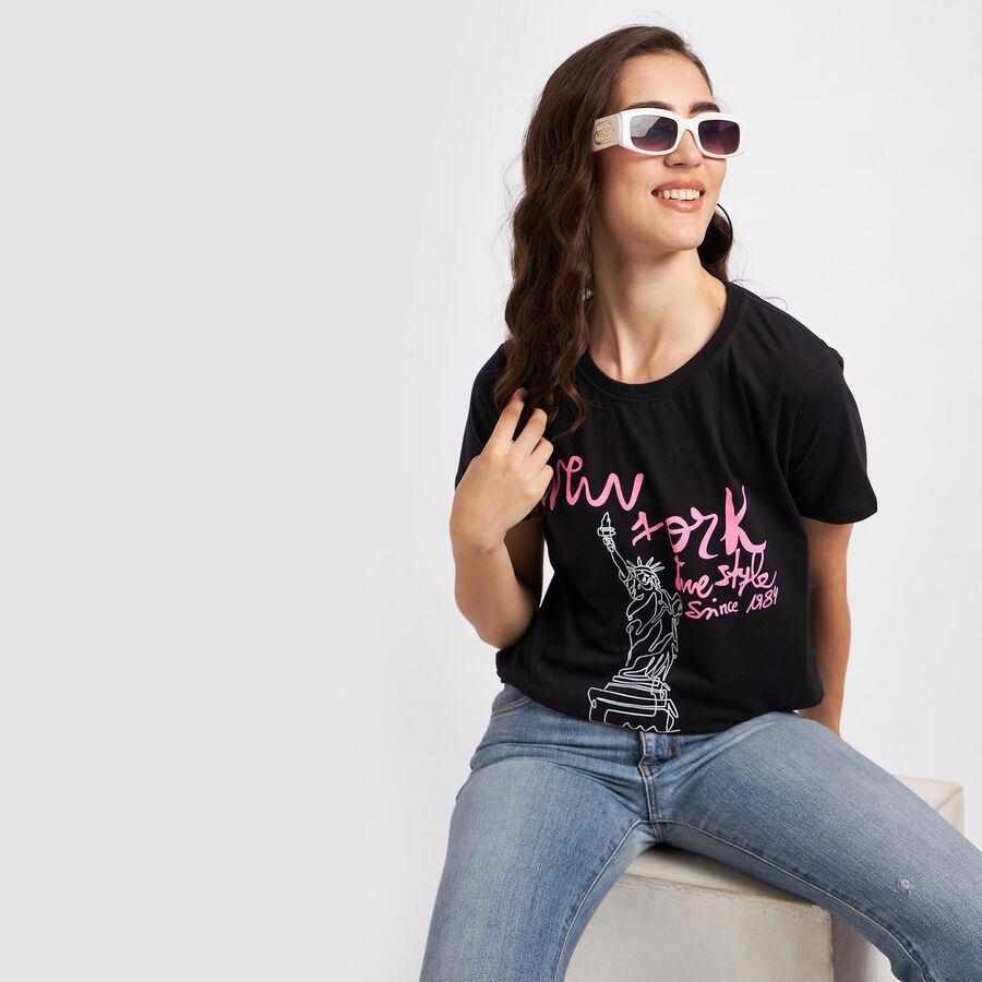 Round Neck T-Shirt, Black, large image number null