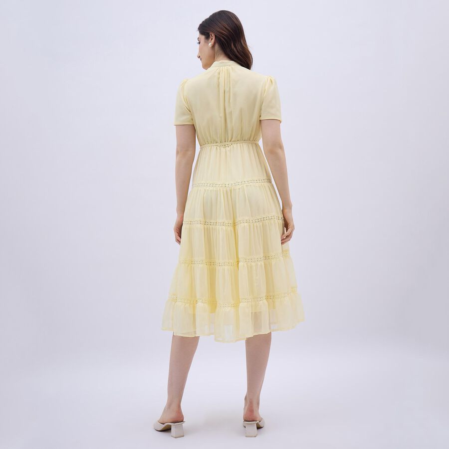 Women's Soft Yellow Mandarin Collar Romantic Midi Dress, पीला, large image number null