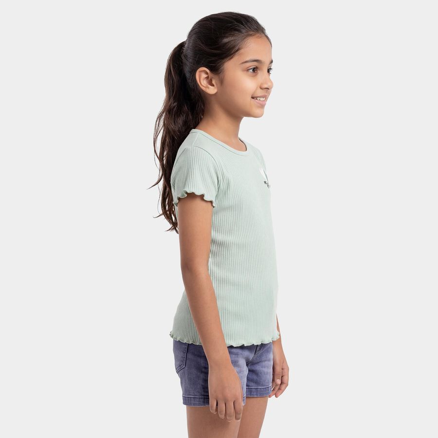 Girls' Green Round Neck Casual T-Shirt, Light Green, large