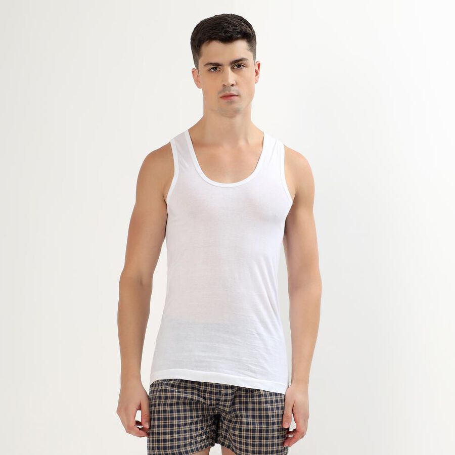 Men's Bright White Cotton Round Neck Sleeveless Vest, सफ़ेद, large image number null
