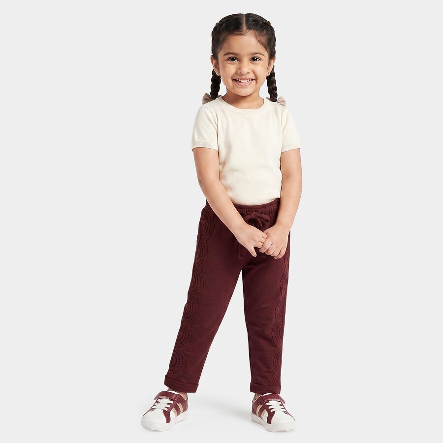 Girls' Wine Straight Fit Lace Panel Cotton Pyjama, वाइन, large