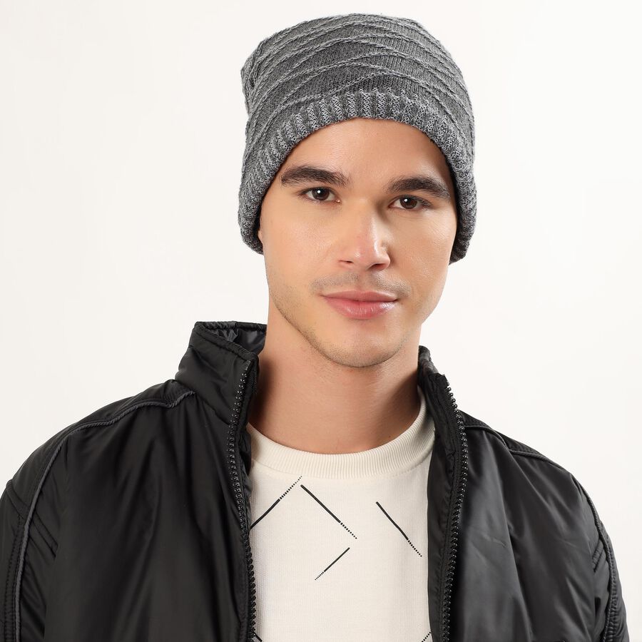 Men's Charcoal Grey Textured Knitted Beanie, Charcoal, large image number null