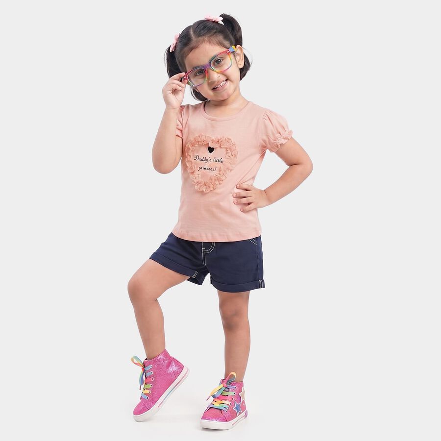 Girls Peach Cotton Round Neck Regular T-Shirt, हल्का गुलाबी, large
