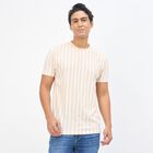 Men's Beige and White Crew Neck Striped T-Shirt, White, small