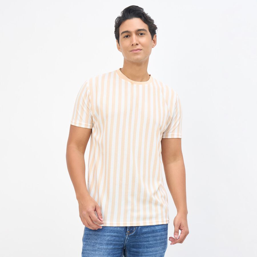 Men's Beige and White Crew Neck Striped T-Shirt, White, large