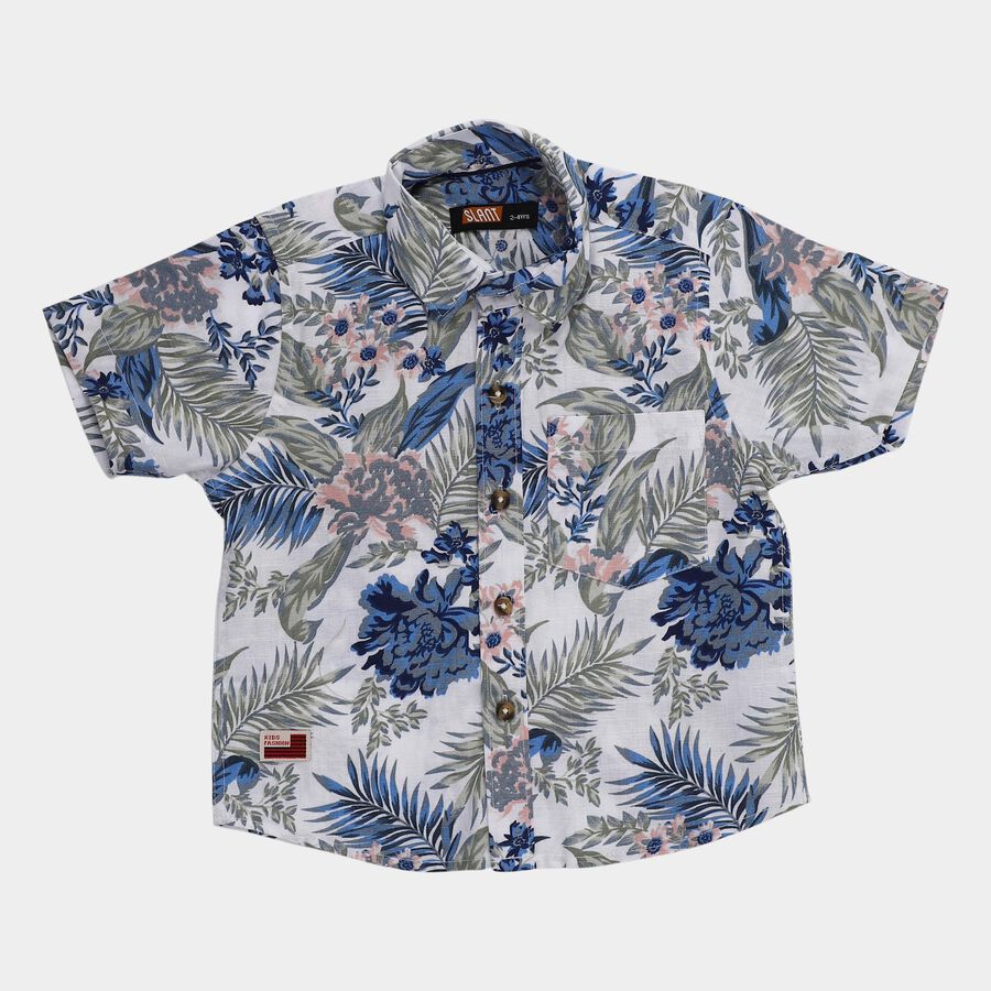 Boys' Off-White Cotton Half Sleeve Spread Collar Floral Casual Shirt, Off White, large