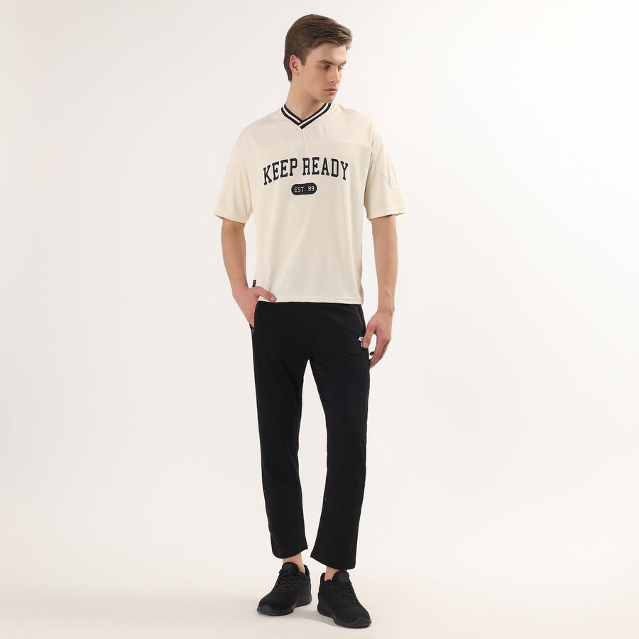 Men's White V-Neck Athleisure T-Shirt, एक्रू मिश्रित, large