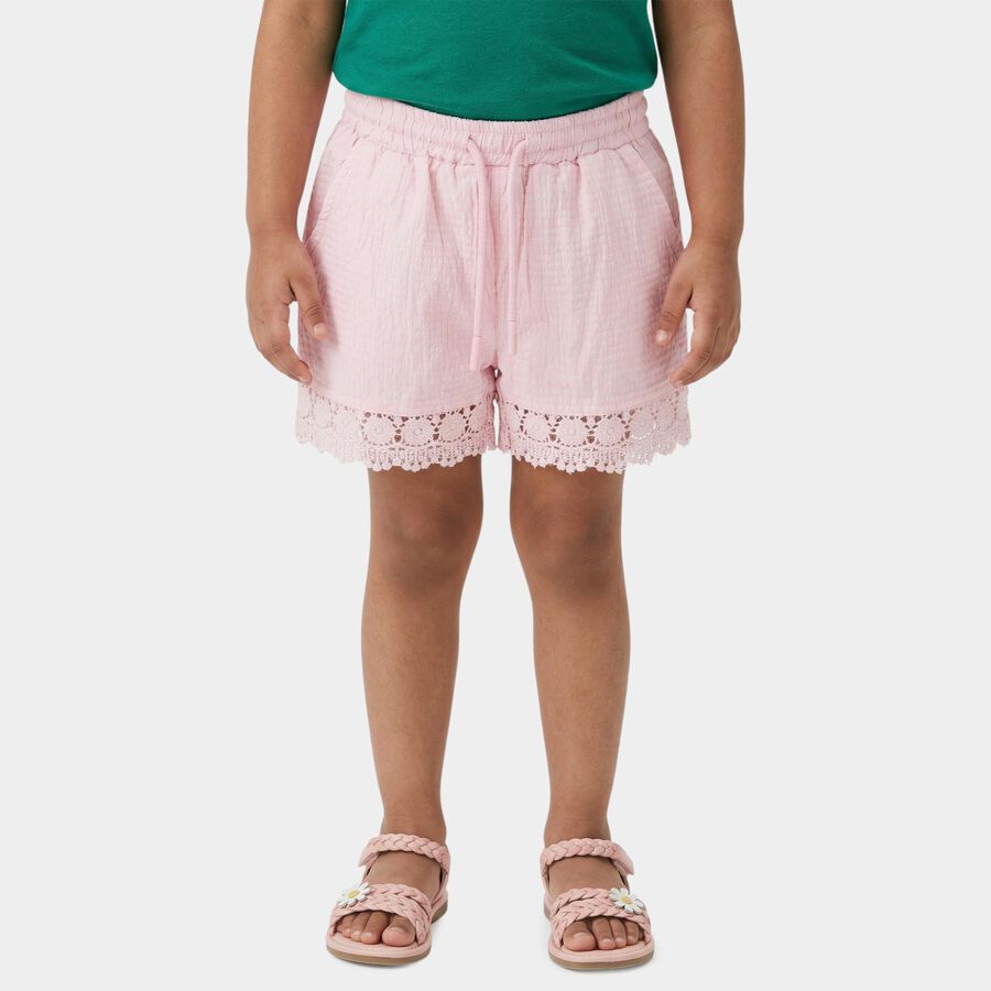 Girls' Pink Lace Hem Elastic Waist Shorts, हल्का गुलाबी, large