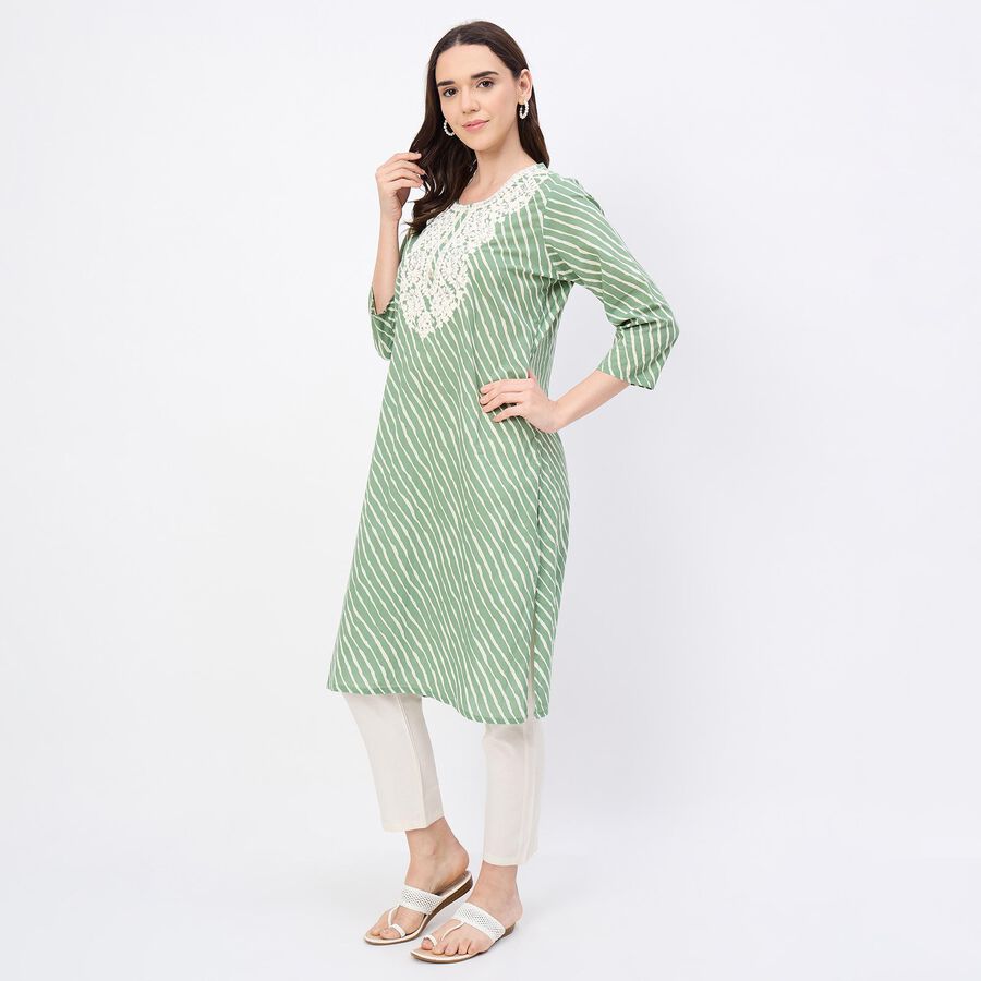 Women's Light Sage Green Cotton Notch Neck Embroidered Kurta, हल्का हरा, large