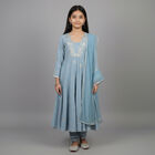 Girls' Sky Blue Cotton Embroidered Kurta and Churidar Fusion Set, Light Blue, small image number null