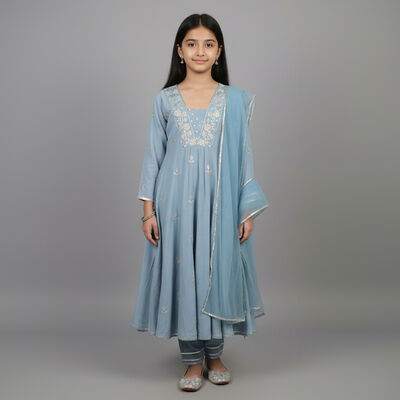 Girls' Sky Blue Cotton Embroidered Kurta and Churidar Fusion Set