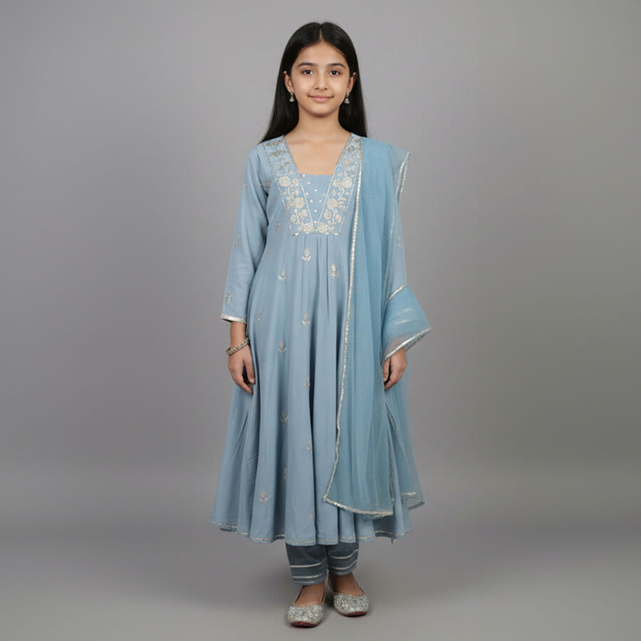 Girls' Sky Blue Cotton Embroidered Kurta and Churidar Fusion Set, Light Blue, large image number null