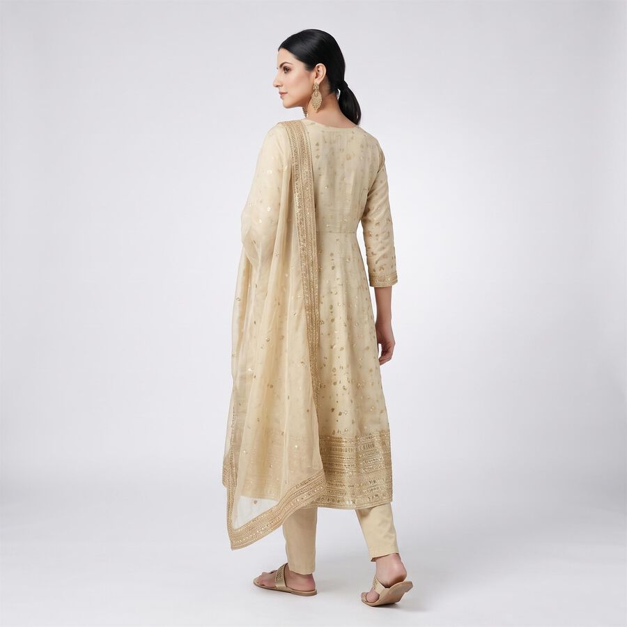 Women's Beige Round Neck Embellished Anarkali Kurta, Beige, large