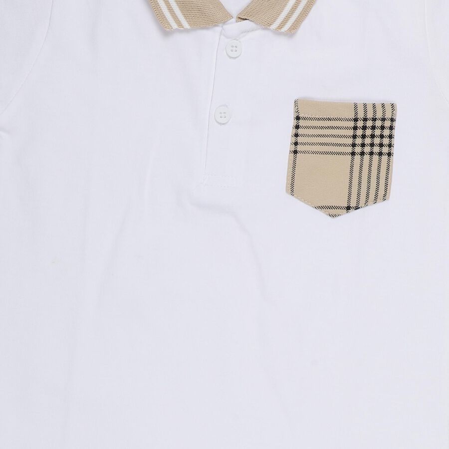 Boys' White Cotton Polo Neck Plaid Baba Suit, White, large