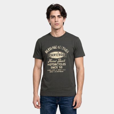 Men's Olive Green Round Neck Regular Graphic Print T-Shirt